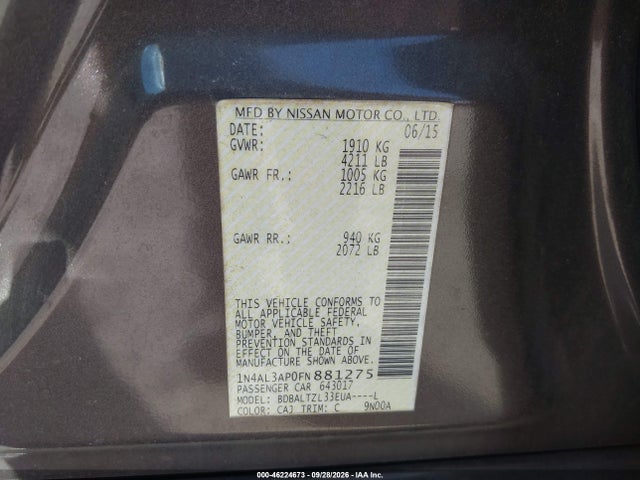 Nissan Altima 2.5 Sl 2015 1N4AL3AP0FN881275 Image 9