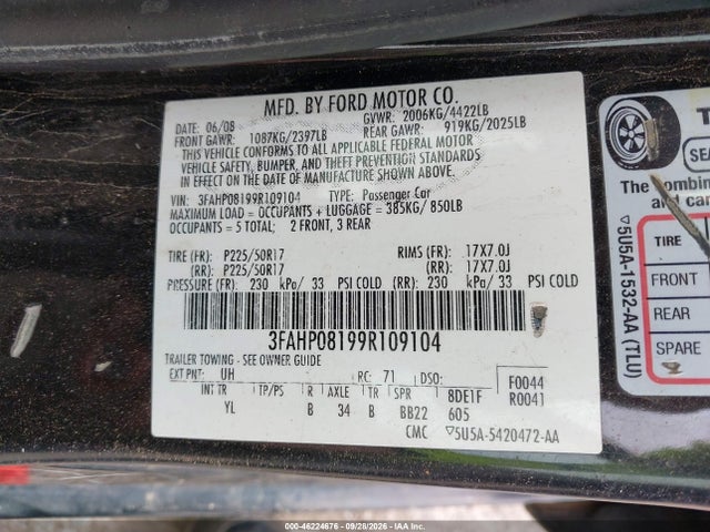 Aukcja sprzedaży 2009 Ford Fusion Sel, vin: 3FAHP08199R109104, numer aukcji: 46224676
