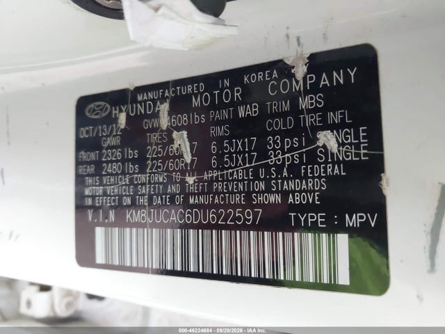 Продажа на аукционе авто 2013 Hyundai Tucson Gls, vin: KM8JUCAC6DU622597, номер лота: 46224684