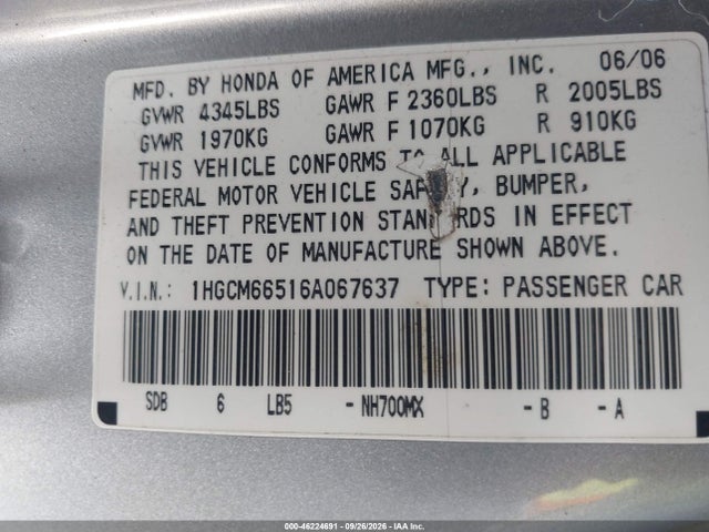 Продаж на аукціоні авто 2006 Honda Accord 3.0 Ex, vin: 1HGCM66516A067637, номер лоту: 46224691
