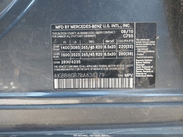 Продажа на аукционе авто 2011 Mercedes-benz Ml 350 4matic, vin: 4JGBB8GB7BA638179, номер лота: 46224693