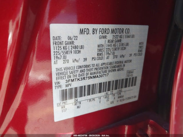 Продаж на аукціоні авто 2022 Ford Mustang Mach-e Premium, vin: 3FMTK3R75NMA30717, номер лоту: 46224706