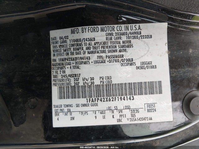Продажа на аукционе авто 2002 Ford Mustang Gt Deluxe/gt Premium, vin: 1FAFP42X62F194143, номер лота: 46224714
