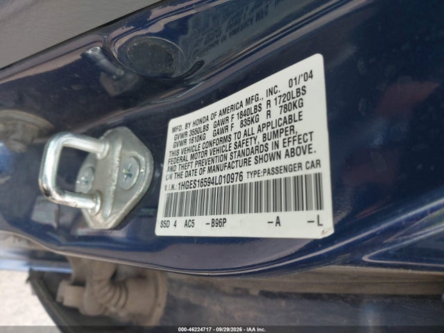 2004 Honda Civic Lx მანქანა იყიდება აუქციონზე, vin: 1HGES16594L010976, აუქციონის ნომერი: 46224717