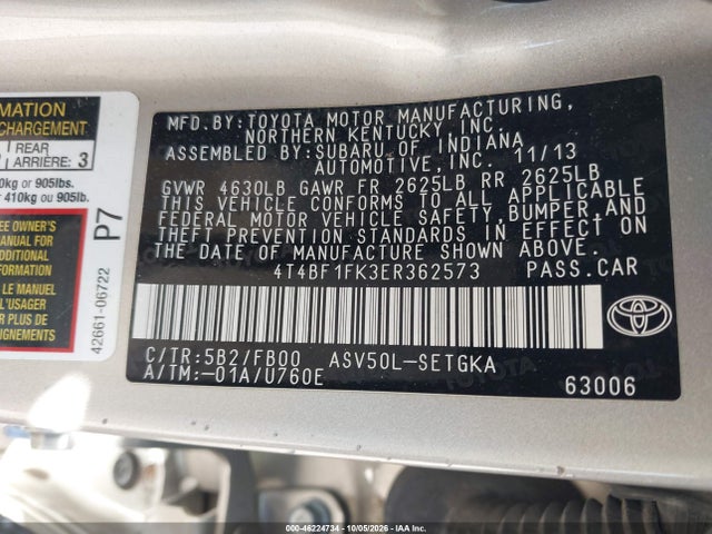 46224734 :رقم المزاد ، 4T4BF1FK3ER362573 vin ، 2014 Toyota Camry Xle مزاد بيع