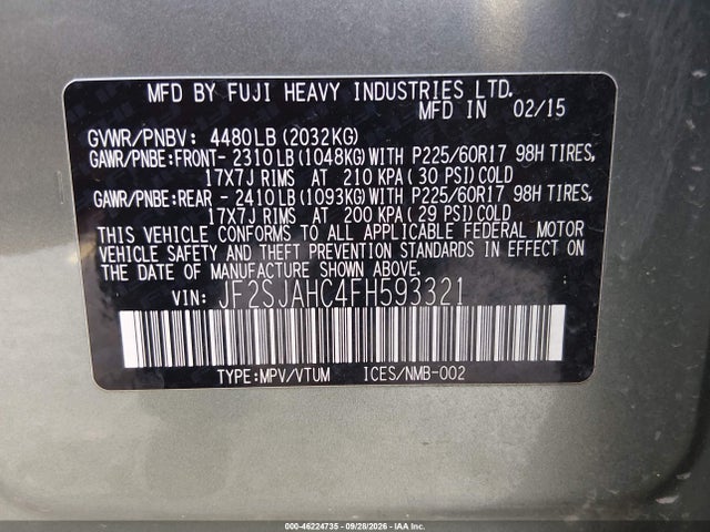 46224735 :رقم المزاد ، JF2SJAHC4FH593321 vin ، 2015 Subaru Forester 2.5i Limited مزاد بيع