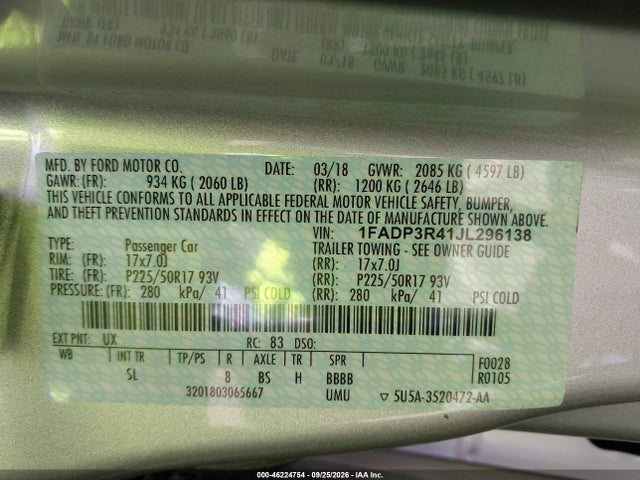 Ford FOCUS ELECTRIC 2018 1FADP3R41JL296138 Image 9
