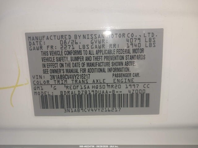 46224756 :رقم المزاد ، 3N1AB9CV4VY216217 vin ، 2027 Nissan Sentra مزاد بيع
