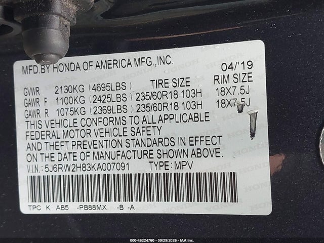 5J6RW2H83KA007091 Honda Cr-v Ex-l