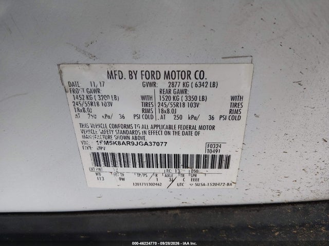46224770 :رقم المزاد ، 1FM5K8AR9JGA37077 vin ، 2018 Ford Police Interceptor Utility مزاد بيع