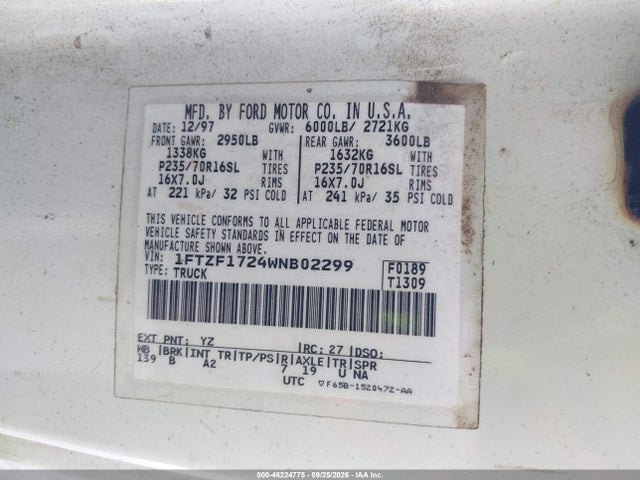 Aukcja sprzedaży 1998 Ford F-150 Standard/xl/xlt, vin: 1FTZF1724WNB02299, numer aukcji: 46224775