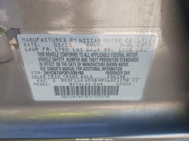 46224801 :رقم المزاد ، 3N1CN7AP3FL939192 vin ، 2015 Nissan Versa 1.6 S+ مزاد بيع
