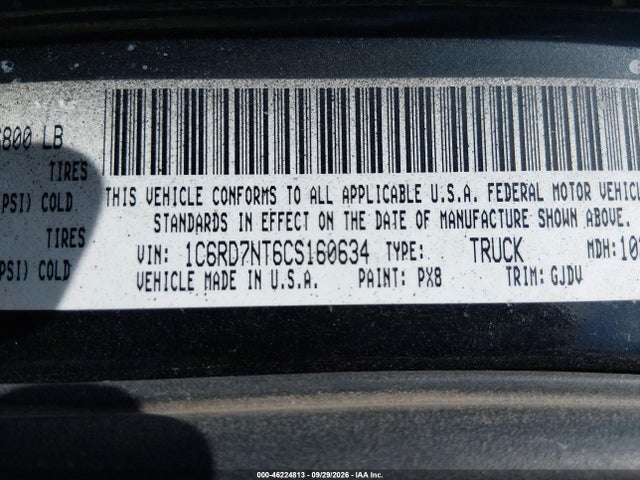 46224813 :رقم المزاد ، 1C6RD7NT6CS160634 vin ، 2012 Ram 1500 Laramie مزاد بيع