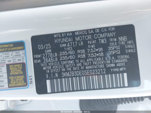 Продажа на аукционе авто 2025 Hyundai Tucson Sel, vin: 3KMJB3DE0SE023212, номер лота: 46224825