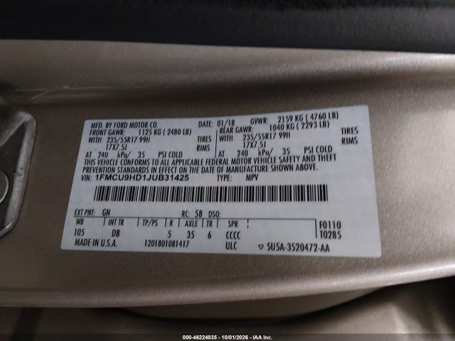 46224835 :رقم المزاد ، 1FMCU9HD1JUB31425 vin ، 2018 Ford Escape Sel مزاد بيع