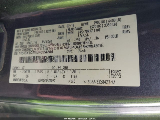 46224867 :رقم المزاد ، 1FTEX1CP0JFC24285 vin ، 2018 Ford F-150 Xl مزاد بيع