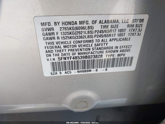Продажа на аукционе авто 2009 Honda Pilot Ex-l, vin: 5FNYF48539B023828, номер лота: 46224868