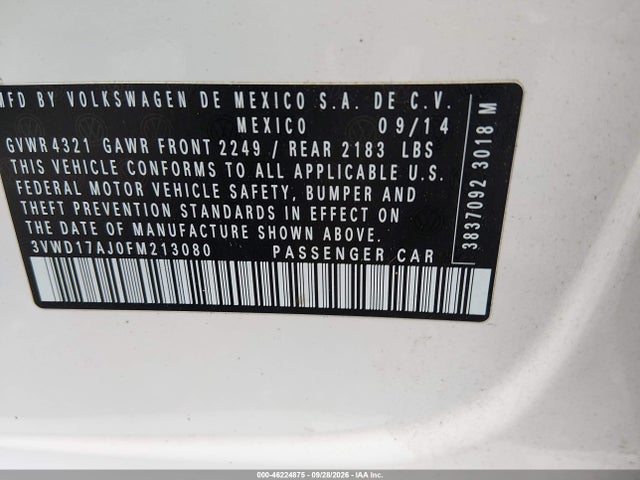 46224875 :رقم المزاد ، 3VWD17AJ0FM213080 vin ، 2015 Volkswagen Jetta 1.8t Se مزاد بيع