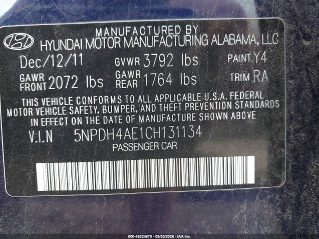 Продажа на аукционе авто 2012 Hyundai Elantra Limited, vin: 5NPDH4AE1CH131134, номер лота: 46224879