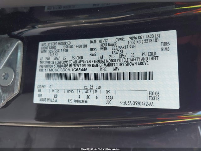 Продажа на аукционе авто 2017 Ford Escape Se, vin: 1FMCU0GD0HUC65446, номер лота: 46224914