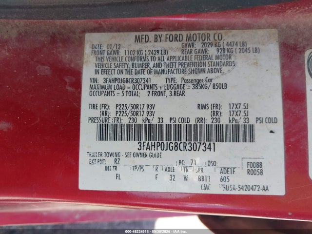 46224918 :رقم المزاد ، 3FAHP0JG8CR307341 vin ، 2012 Ford Fusion Sel مزاد بيع