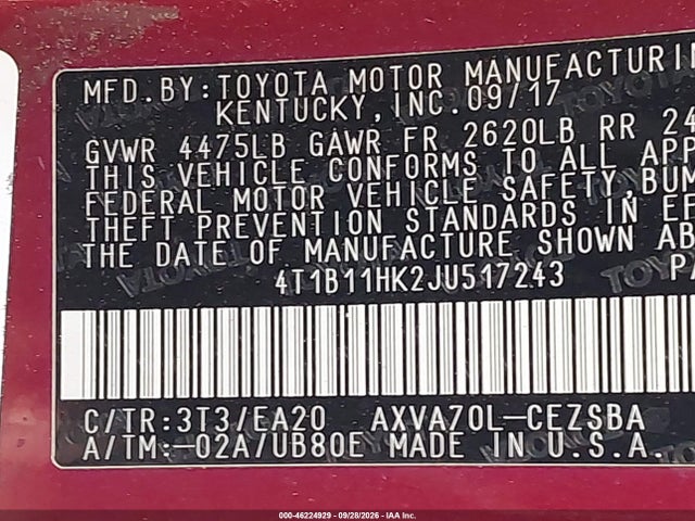 4T1B11HK2JU517243 Toyota CAMRY SE