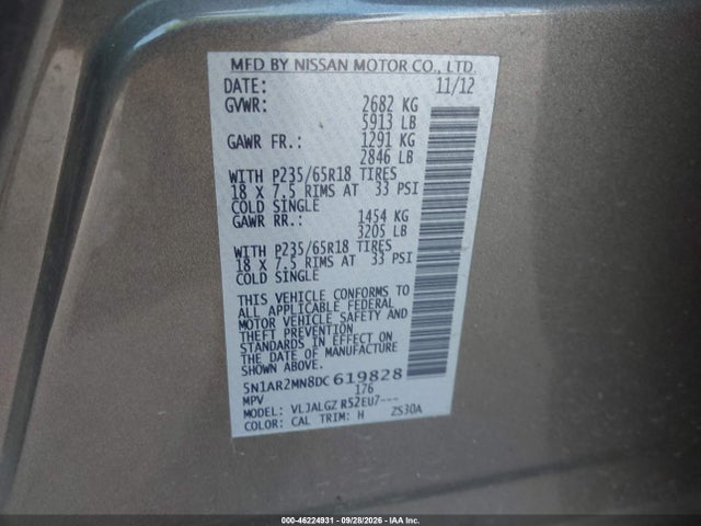 46224931 :رقم المزاد ، 5N1AR2MN8DC619828 vin ، 2013 Nissan Pathfinder Sl مزاد بيع