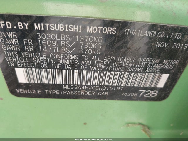 2014 Mitsubishi Mirage Es მანქანა იყიდება აუქციონზე, vin: ML32A4HJ0EH015197, აუქციონის ნომერი: 46224939