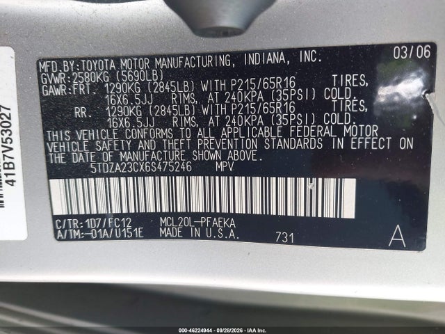 Продаж на аукціоні авто 2006 Toyota Sienna Le, vin: 5TDZA23CX6S475246, номер лоту: 46224944