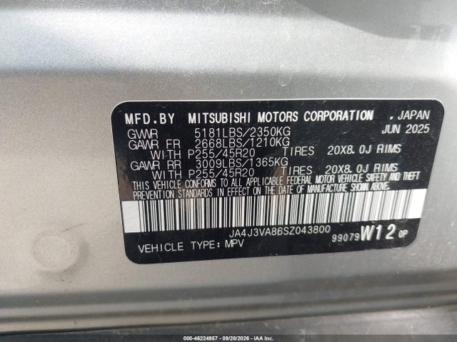 Aukcja sprzedaży 2025 Mitsubishi Outlander Se 2.5 2wd, vin: JA4J3VA86SZ043800, numer aukcji: 46224957