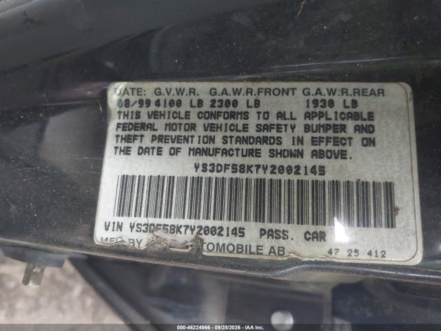 2000 Saab 9-3 Se მანქანა იყიდება აუქციონზე, vin: YS3DF58K7Y2002145, აუქციონის ნომერი: 46224966