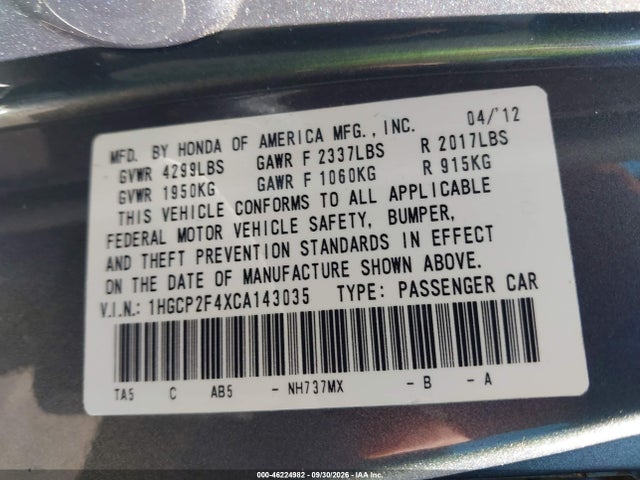 Продаж на аукціоні авто 2012 Honda Accord 2.4 Lx-p, vin: 1HGCP2F4XCA143035, номер лоту: 46224982