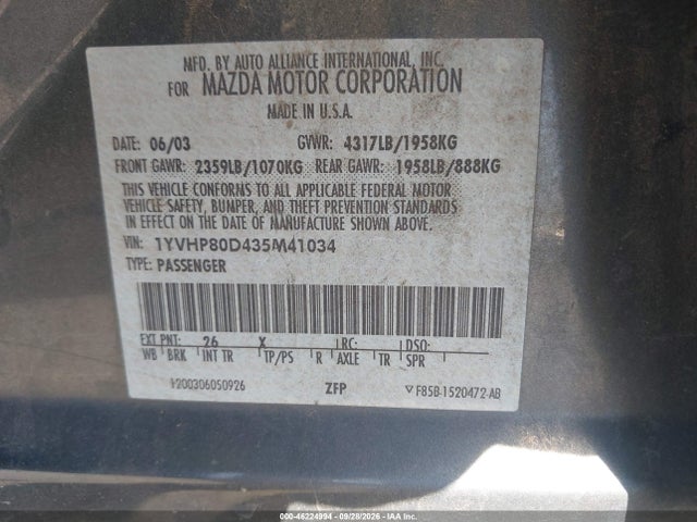 Aukcja sprzedaży 2003 Mazda Mazda6 S, vin: 1YVHP80D435M41034, numer aukcji: 46224994