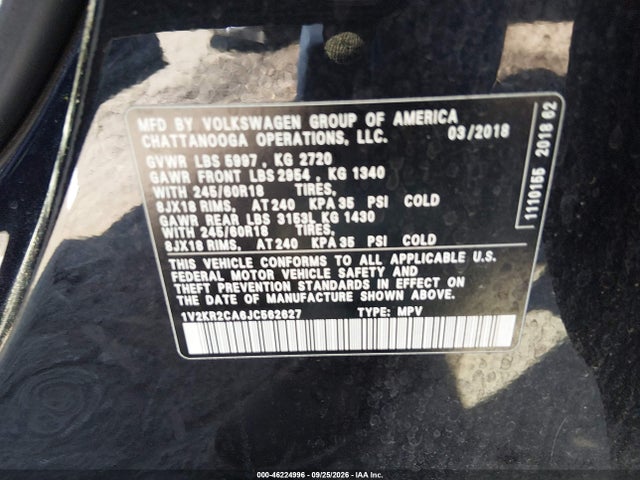 Продажа на аукционе авто 2018 Volkswagen Atlas 3.6l V6 Se, vin: 1V2KR2CA6JC562627, номер лота: 46224996