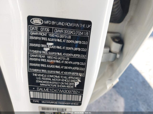 2010 Land Rover Range Rover Hse მანქანა იყიდება აუქციონზე, vin: SALME1D47AA309782, აუქციონის ნომერი: 46225022