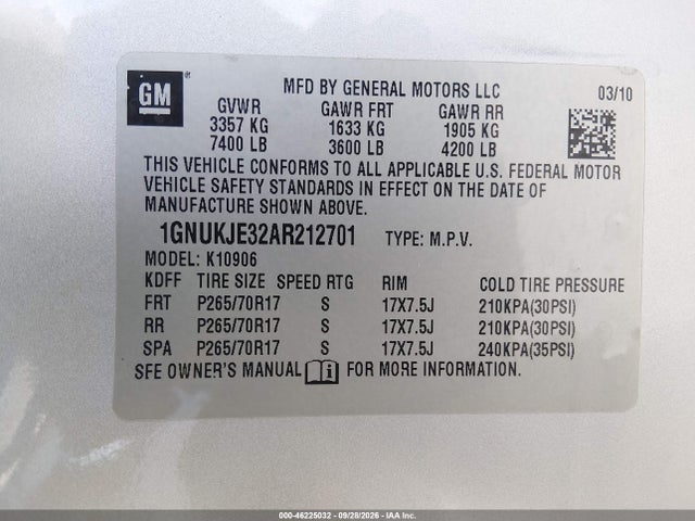Aukcja sprzedaży 2010 Chevrolet Suburban 1500 Lt1, vin: 1GNUKJE32AR212701, numer aukcji: 46225032