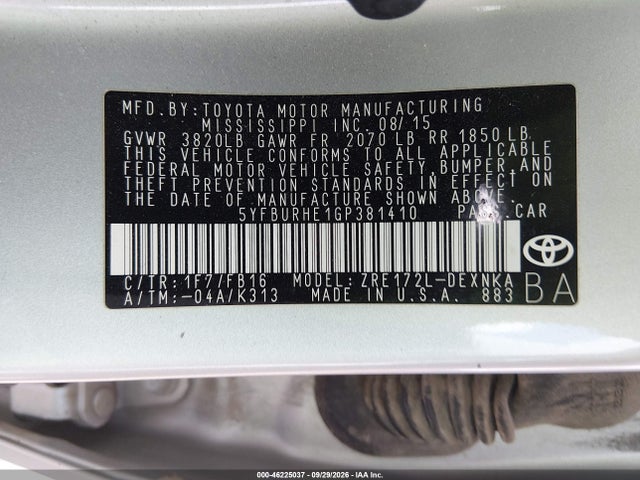 46225037 :رقم المزاد ، 5YFBURHE1GP381410 vin ، 2016 Toyota Corolla Le مزاد بيع