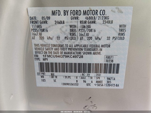 Продаж на аукціоні авто 2009 Ford Escape Limited, vin: 1FMCU94G79KC49728, номер лоту: 46225038