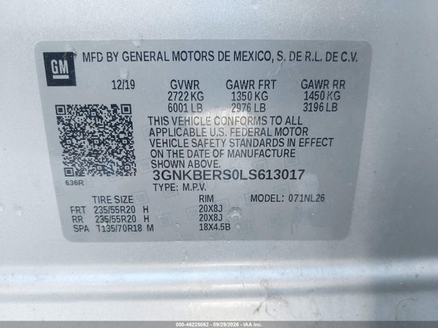Auction sale of the 2020 Chevrolet Blazer Fwd Rs, vin: 3GNKBERS0LS613017, lot number: 46225062