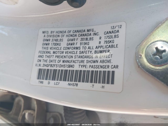 Aukcja sprzedaży 2013 Honda Civic Lx, vin: 2HGFB2F51DH515840, numer aukcji: 46225087