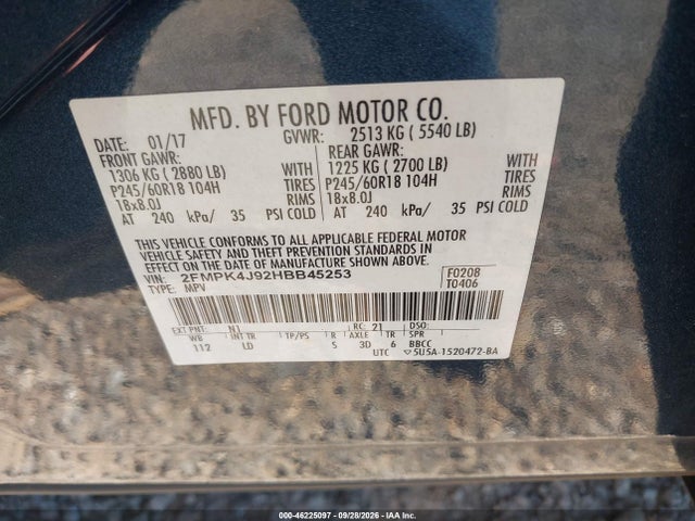 Продажа на аукционе авто 2017 Ford Edge Sel, vin: 2FMPK4J92HBB45253, номер лота: 46225097