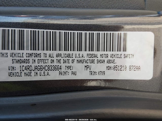 Auction sale of the 2017 Dodge Durango Sxt Awd, vin: 1C4RDJAG6HC833664, lot number: 46225110