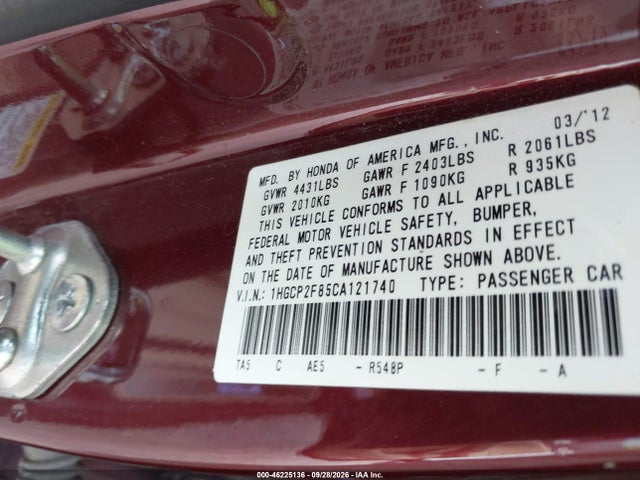 46225136 :رقم المزاد ، 1HGCP2F85CA121740 vin ، 2012 Honda Accord 2.4 Ex-l مزاد بيع