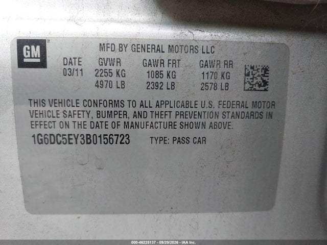 2011 Cadillac Cts Standard მანქანა იყიდება აუქციონზე, vin: 1G6DC5EY3B0156723, აუქციონის ნომერი: 46225137