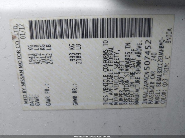 46225145 :رقم المزاد ، 1N4AL2AP4CN507452 vin ، 2012 Nissan Altima 2.5 S مزاد بيع