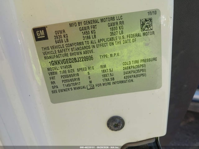 46225151 :رقم المزاد ، 1GNKVGED2BJ220906 vin ، 2011 Chevrolet Traverse 1lt مزاد بيع