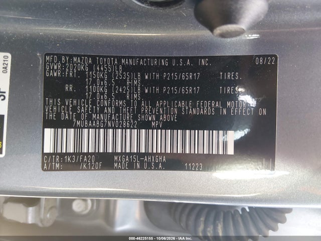 46225155 :رقم المزاد ، 7MUBAABG7NV028622 vin ، 2022 Toyota Corolla Cross Le مزاد بيع