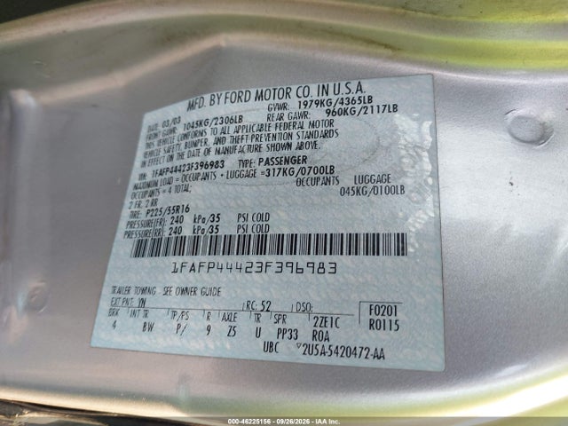 Продажа на аукционе авто 2003 Ford Mustang, vin: 1FAFP44423F396983, номер лота: 46225156