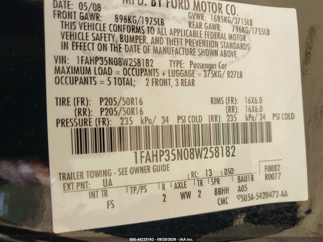 46225162 :رقم المزاد ، 1FAHP35N08W258182 vin ، 2008 Ford Focus Se/ses مزاد بيع
