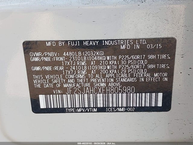 46225183 :رقم المزاد ، JF2SJAHCXFH805980 vin ، 2015 Subaru Forester 2.5i Limited مزاد بيع
